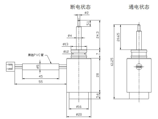 推動式圓管電磁鐵尺寸圖